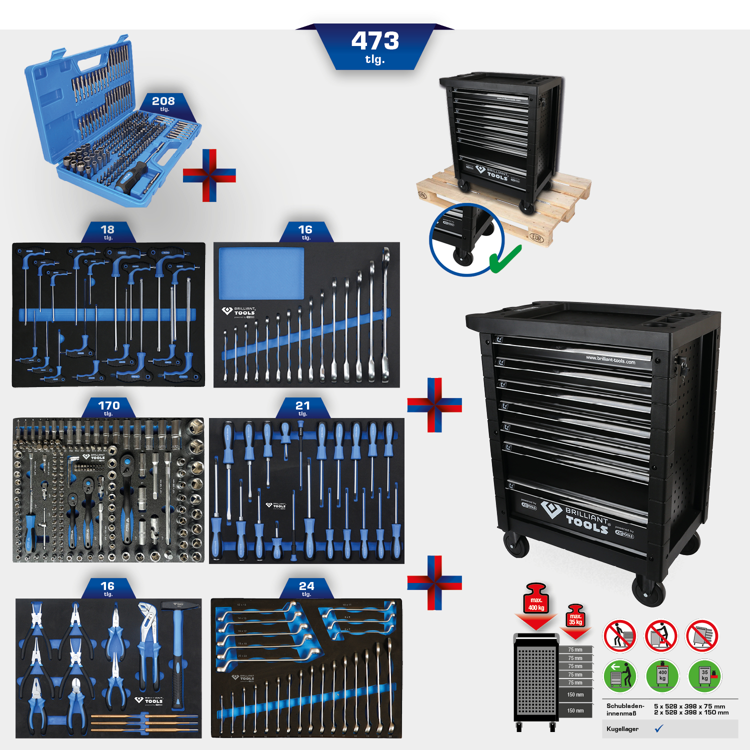 Brilliant Tools Werkstattwagen mit 7 Schubladen und 473 Werkzeugen