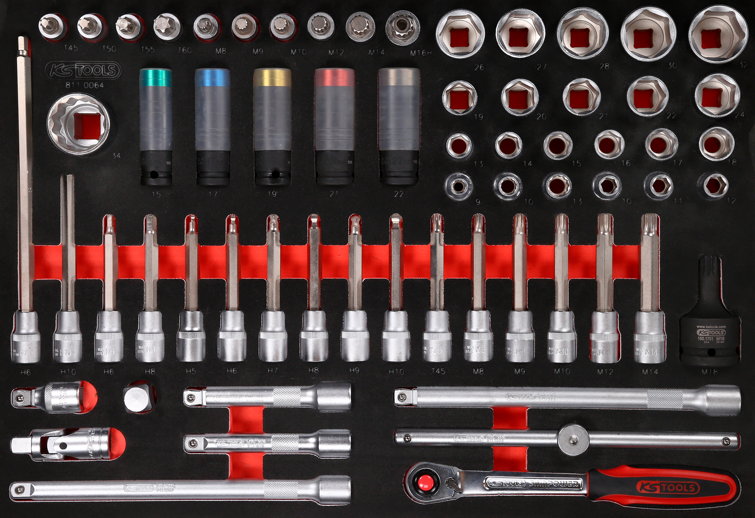 KS Tools 1-2'' Bit-Stecknuss-Satz in Schaumstoffeinlage, 64-tlg