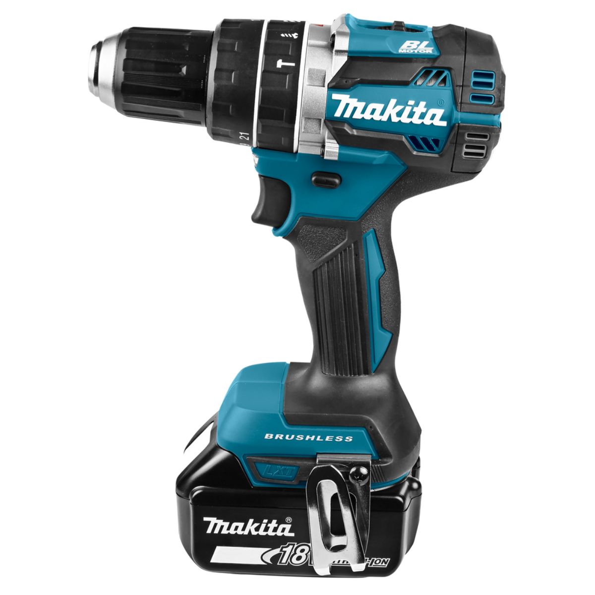 Makita Akku-Schlagbohrschrauber 18V in weiß / 6,0 Ah, 2 Akkus + Ladegerät im MAKPAC DHP484RGJW