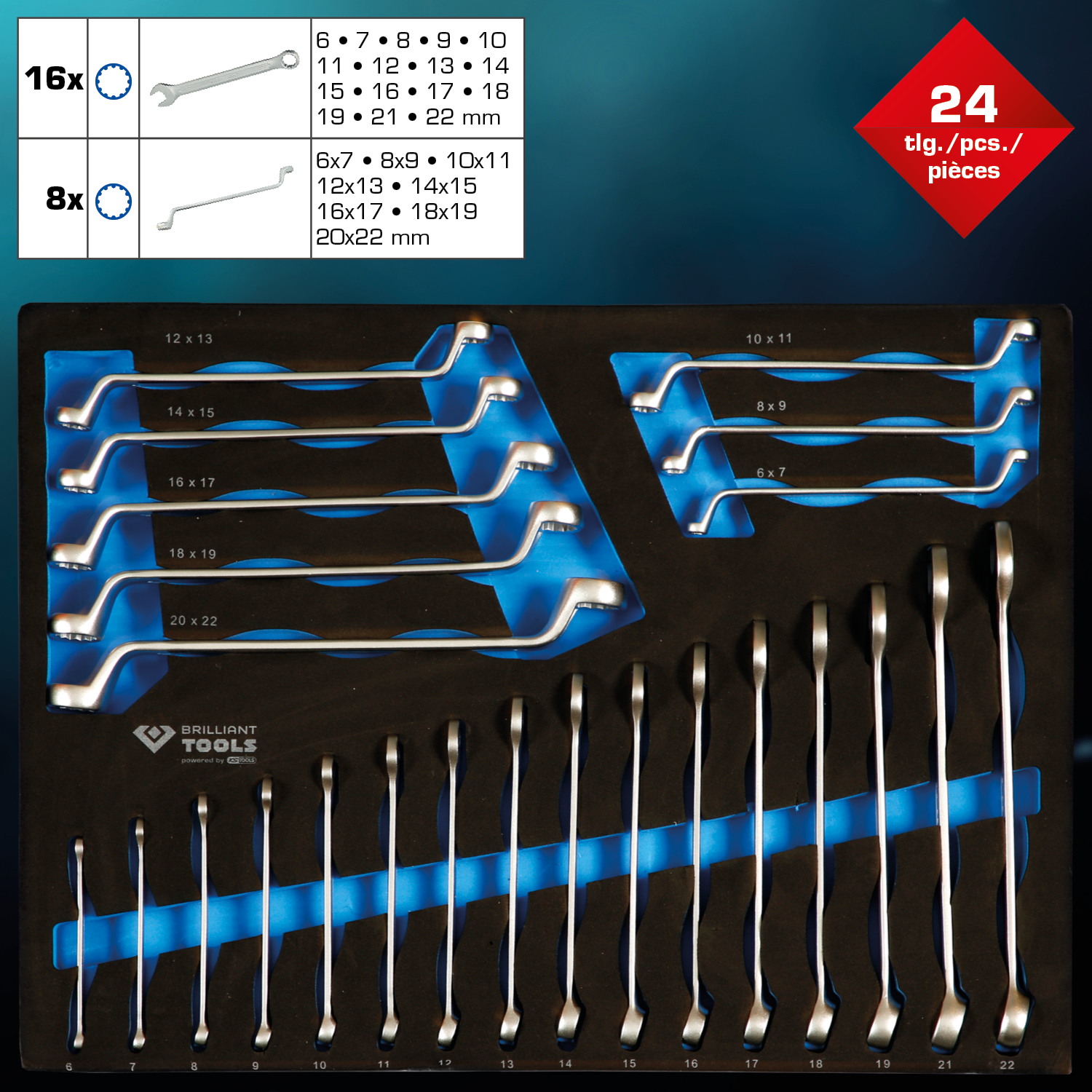 Brilliant Tools Schaumstoffeinlage mit 24 Ringmaul- und Doppelringschlüssel - BT158024