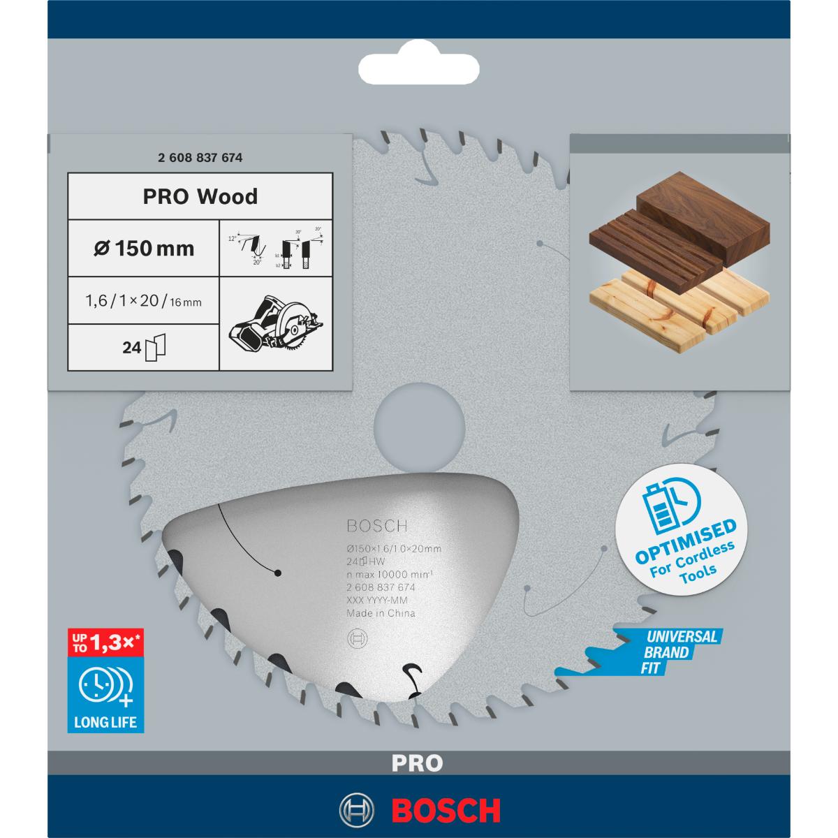 Bosch PRO Akku-Kreissägeblatt Standard for Wood, 150 x 1,6/1 x 20, 24 Zähne