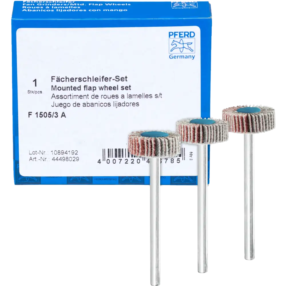 PFERD TOOLS Fächerschleifer-Set Korund 15x5mm Schaft 3mm A 80,120 und 180 für Feinschliff