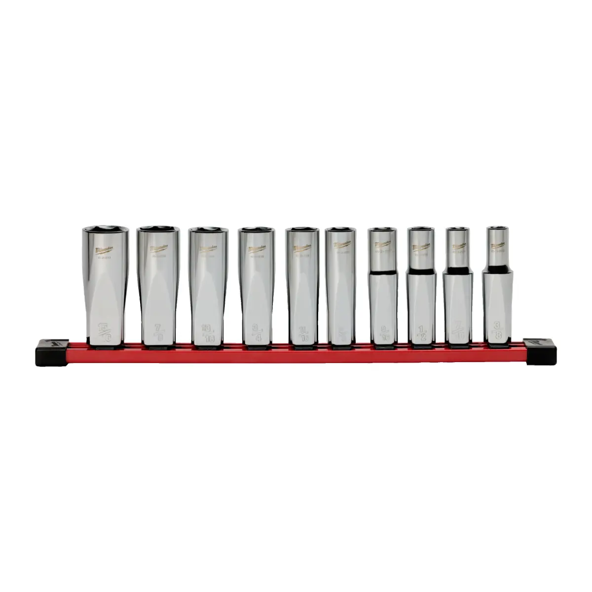 Milwaukee Steckschlüsseleinsatz 1/2" lang Set 6-kant imperial, 10-teilig auf Schiene