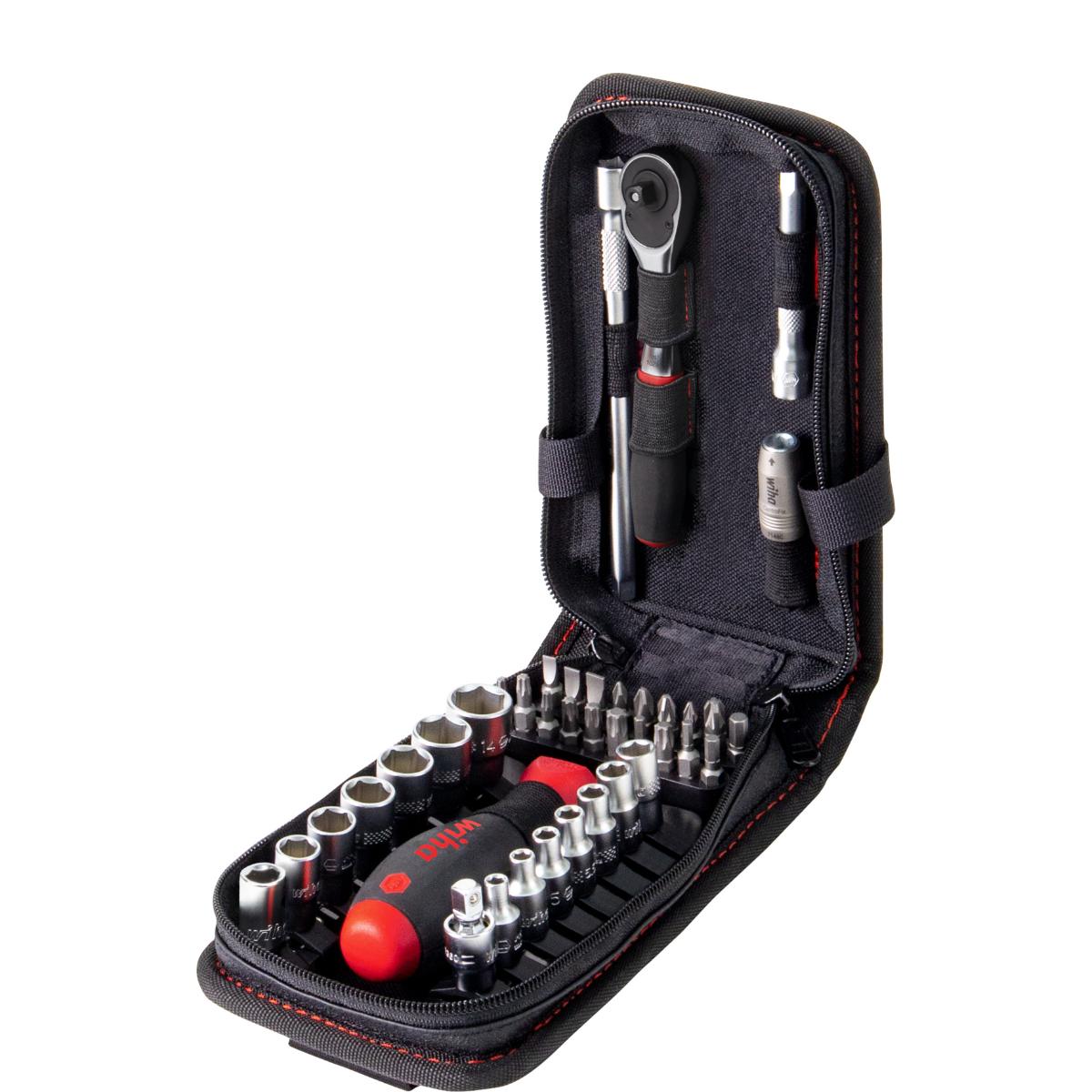 Wiha Steckschlüssel- und Bit Set 1/4 zoll 41-teiliges Set mit Funktionstasche mit Gürtelclip