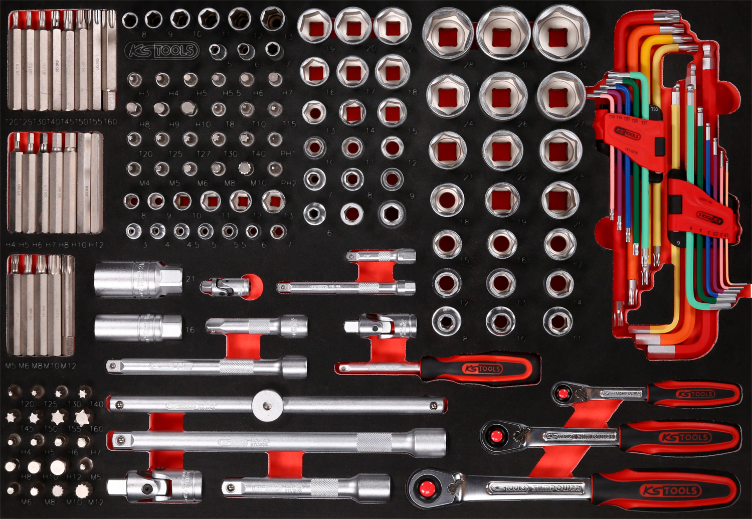 KS Tools 1-4'' + 3-8'' + 1-2'' Steckschlüssel-Satz in Schaumstoffeinlage, 159-tlg
