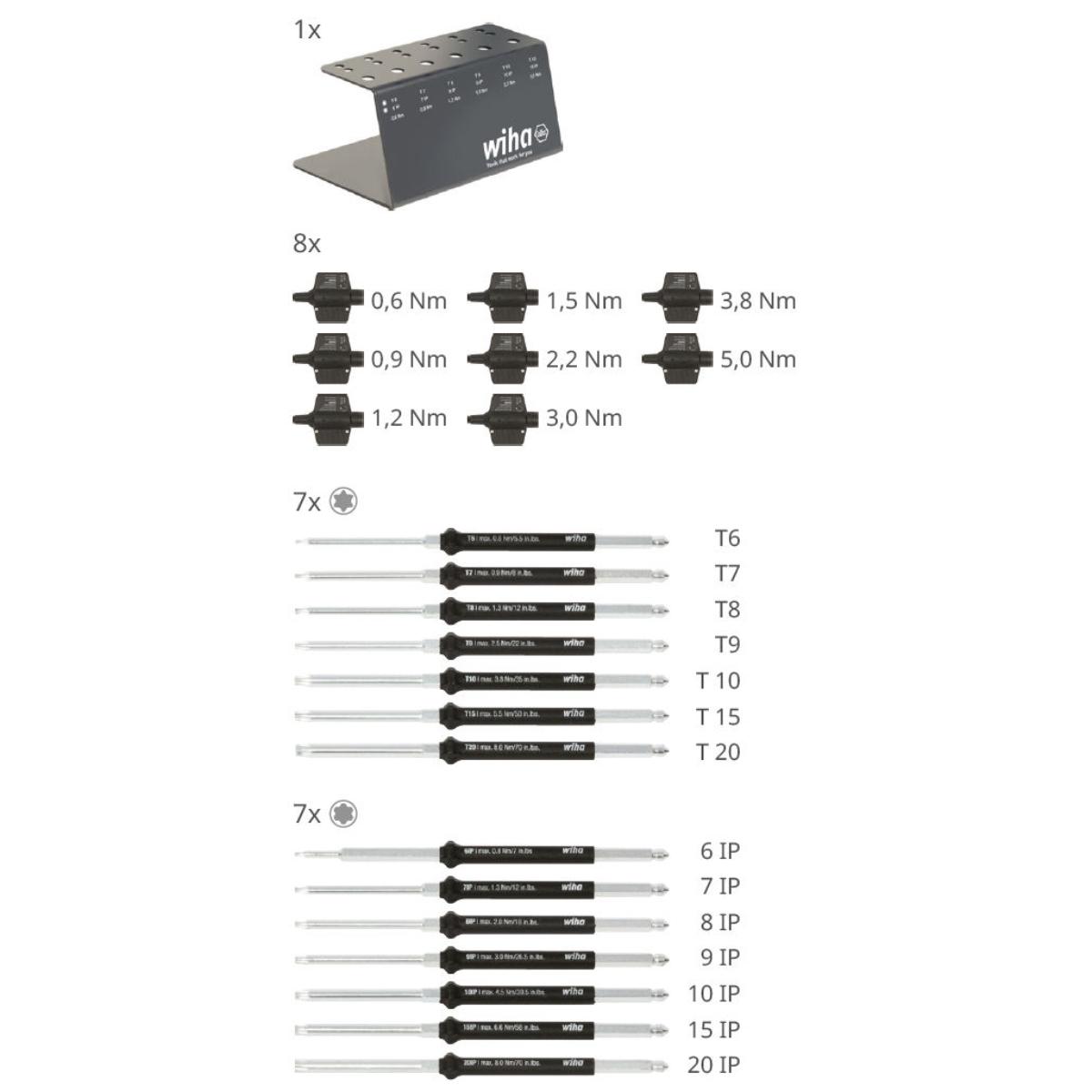 Wiha Drehmoment-Schraubendreher mit Schlüsselgriff Set easyTorque Key Torx , TorxPlus 23-teiliges Set fest voreingestellte Drehmomentbegrenzung im Werkbankständer