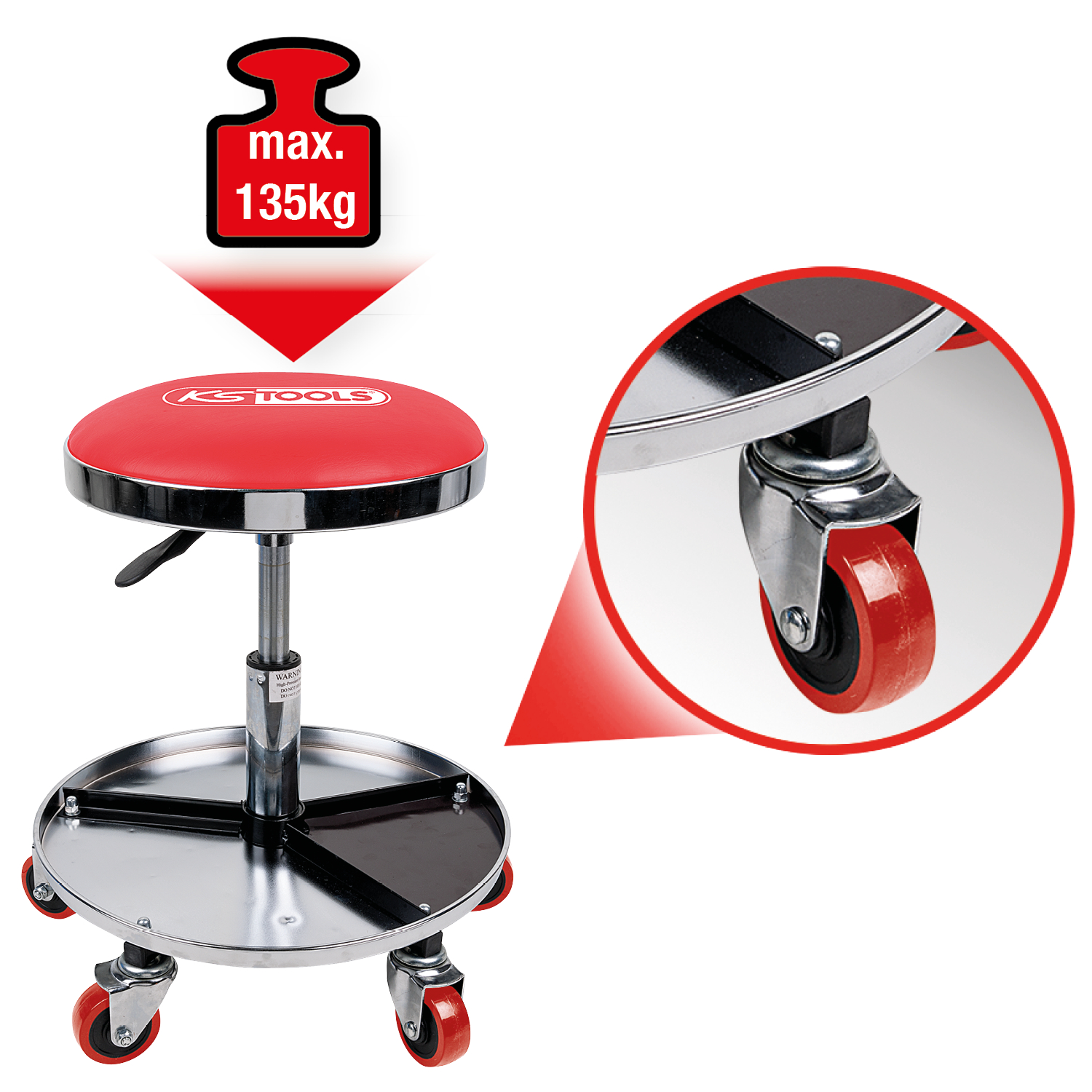 KS Tools Fahrbarer und höhenverstellbarer Hocker, belastbar bis 135kg