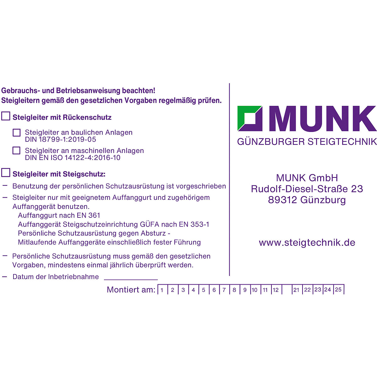 MUNK Kennzeichnungsschild für Steigschutzeinrichtung