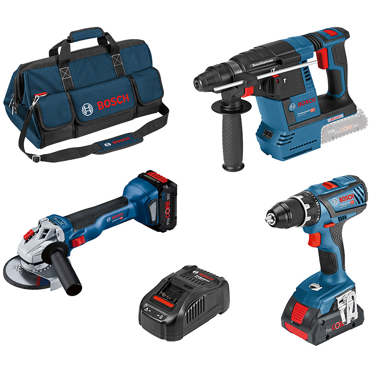 Bosch Werkzeug-Set 3-tlg. -Set, 18V: GSR + GWS + GBH + 2 x ProCORE18V (1 x 4.0Ah + 1 x 8.0Ah) + GAL