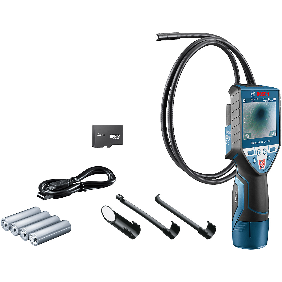 Bosch Akku-Inspektionskamera GIC 120 C, mit 4 x 1,5-V-(AA)-Batterien, Akku-Adapter