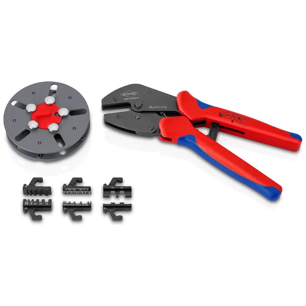 KNIPEX MultiCrimp Crimpzange mit Wechselmagazin mit Mehrkomponenten-Hüllen brüniert 250 mm
