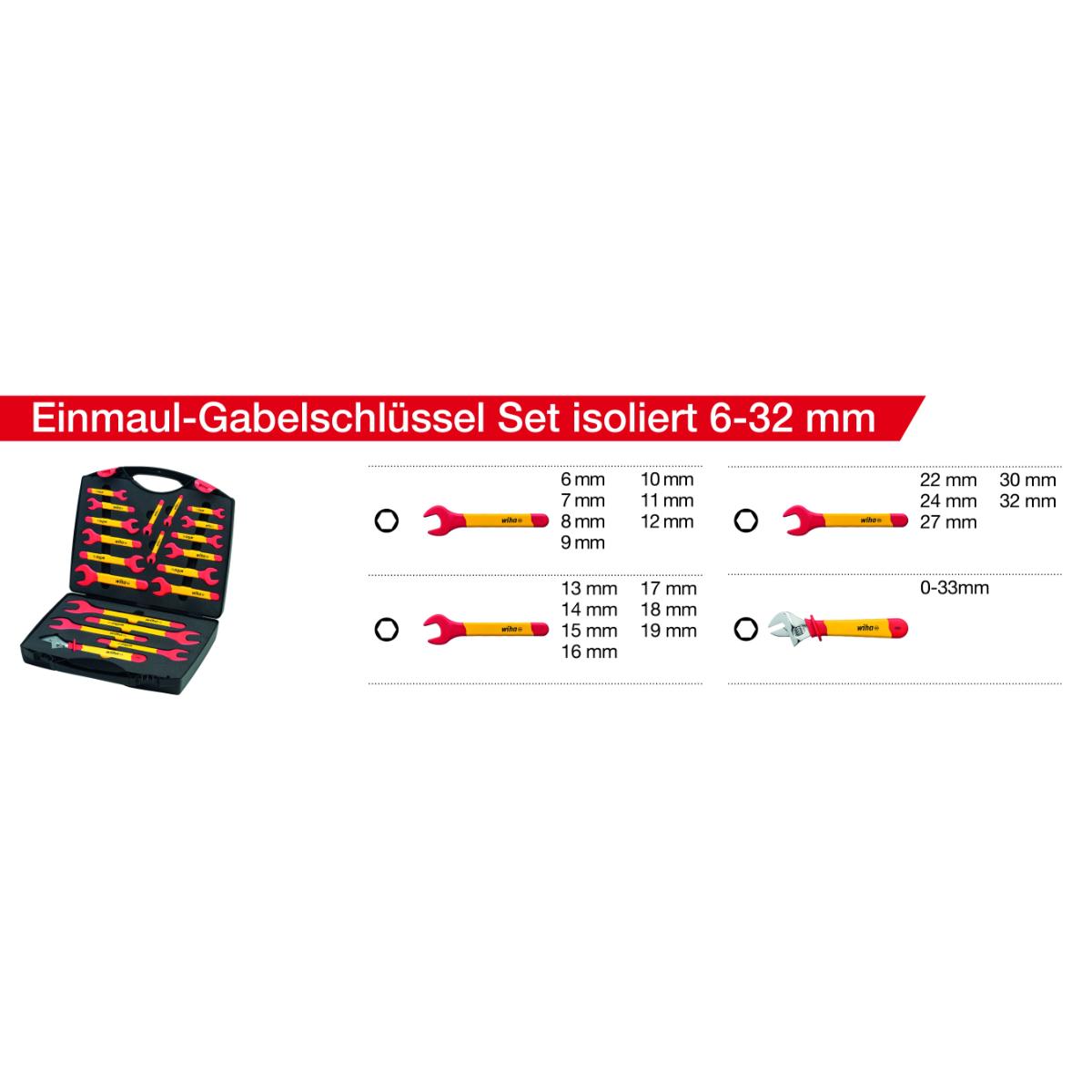 Wiha Einmaul-Gabelschlüssel Set isoliert 6-32 mm 21-teiliges Set mit Koffer