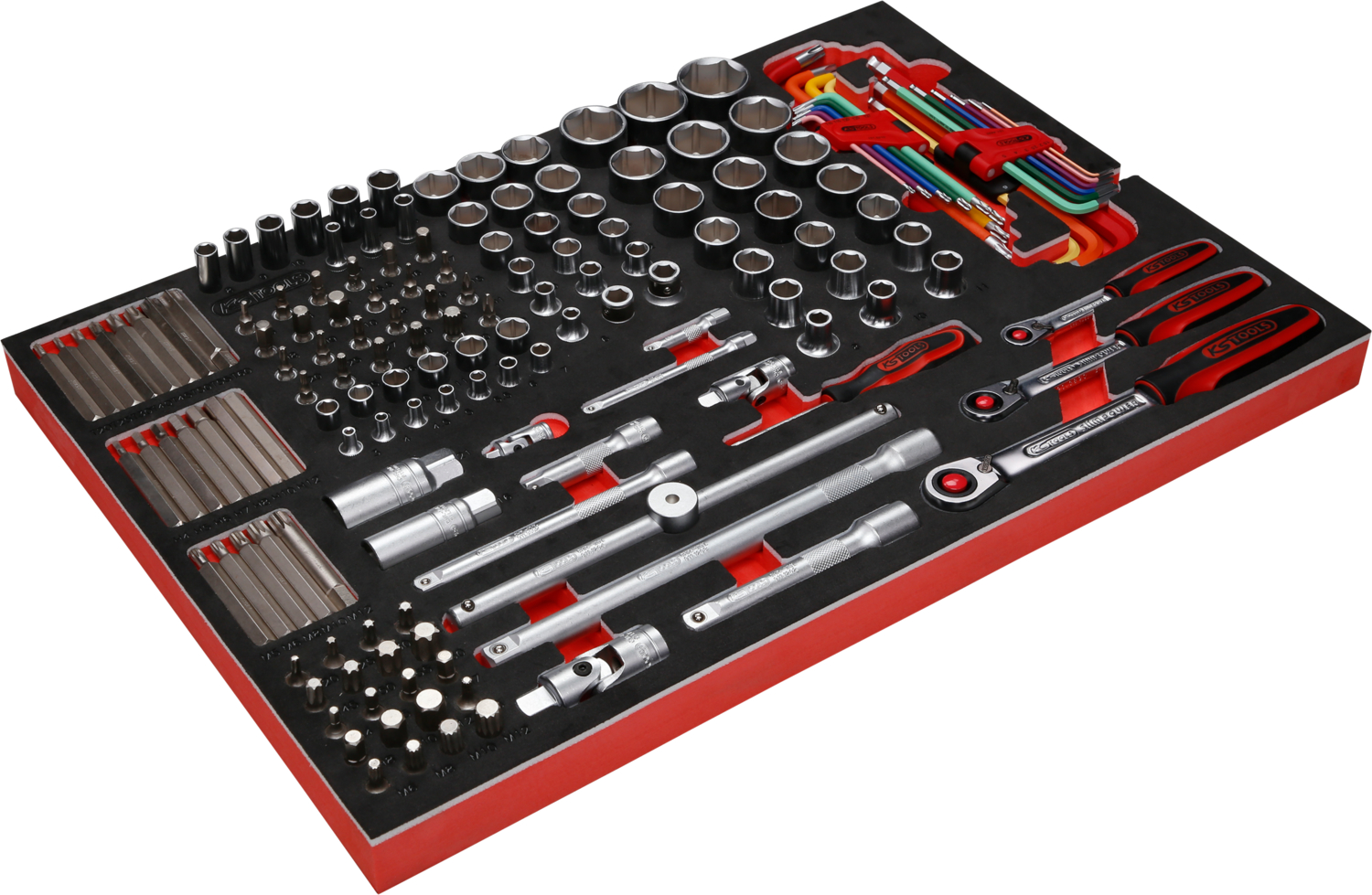 KS Tools 1-4'' + 3-8'' + 1-2'' Steckschlüssel-Satz in Schaumstoffeinlage, 159-tlg