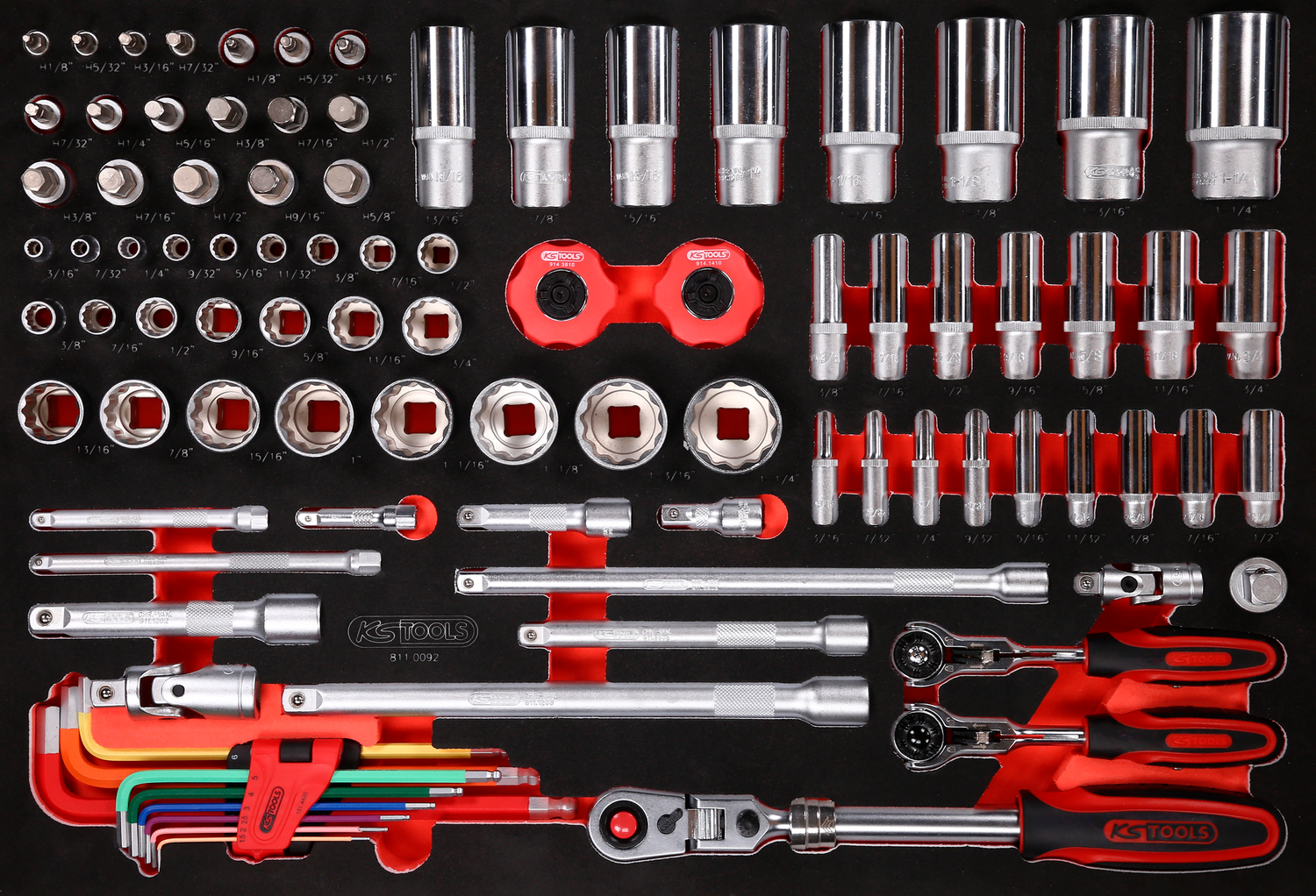 KS Tools 1-4'' + 3-8'' + 1-2'' Steckschlüssel-Satz in Schaumstoffeinlage, 92-tlg, Zoll