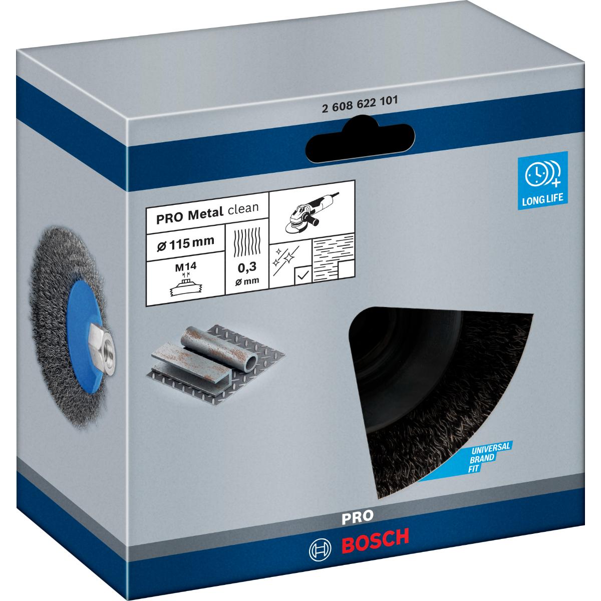 Bosch PRO Kegelbürste, Clean for Metal, 115 mm, gewellter Stahldraht