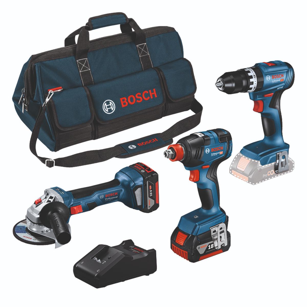 Bosch Combo Kit Set mit 3 18V-Werkzeugen: GSB 18V-45, GDX 18V-200, GWS 18V-7, 2x 5,0Ah
