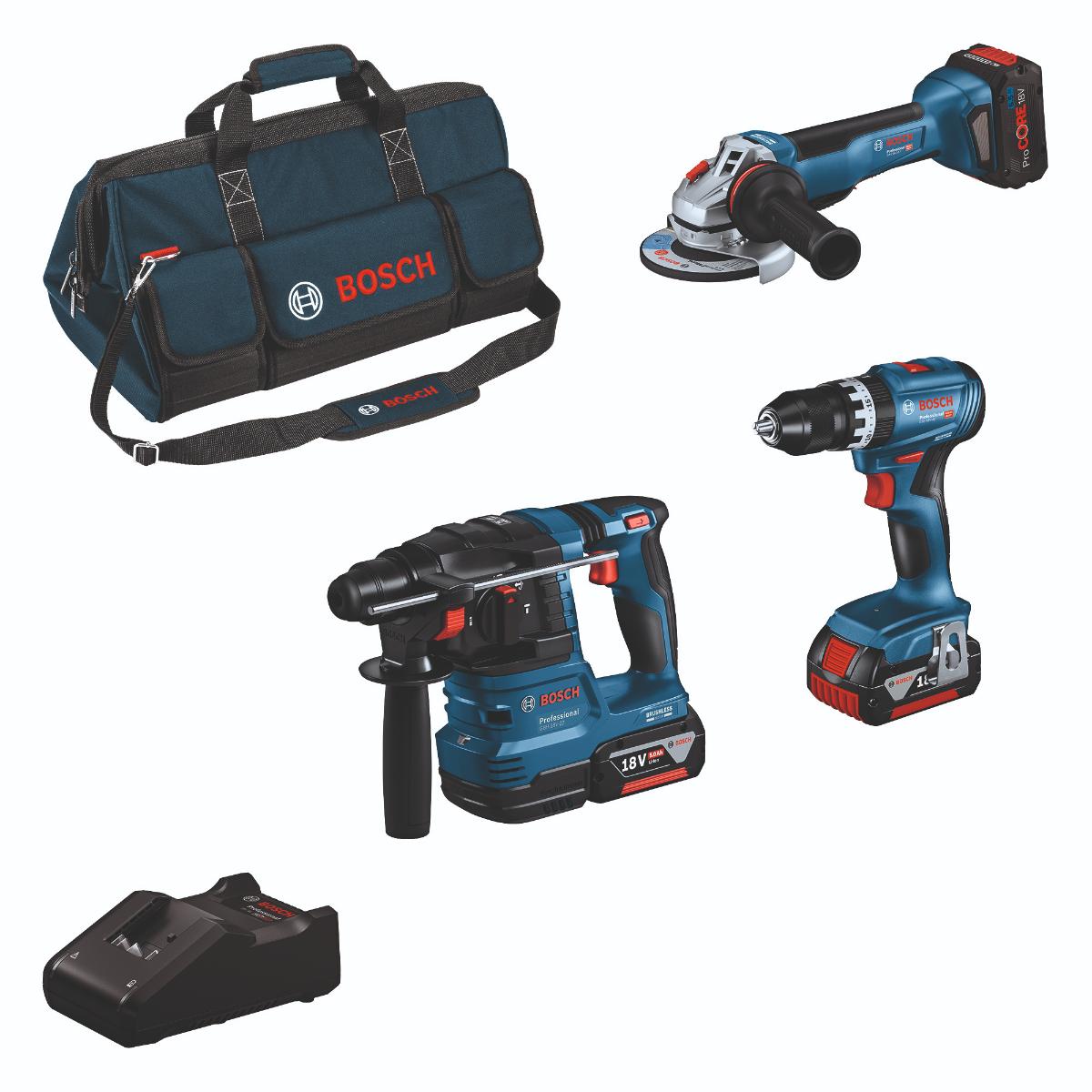 Bosch 18V Profi-Set GSB 18V-45, GWS 18V-10, GBH 18V-22, 2x 5.0Ah, 1x 5.5Ah (PC), GAL 18-40, Tasche