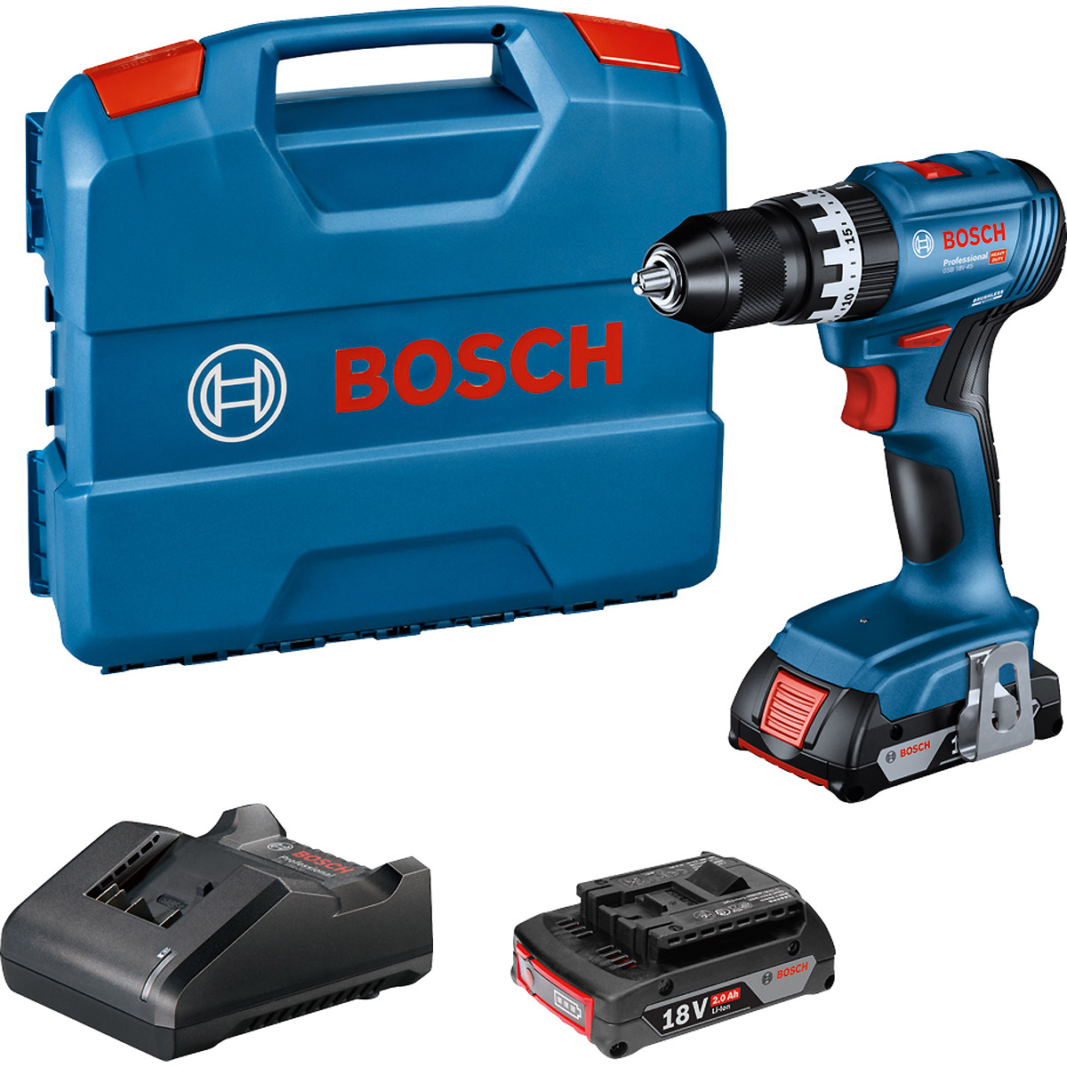 Bosch Schlagbohrschrauber GSB 18V-45 mit 2 x Li-Ion-Akku 2,0 Ah, Ladegerät