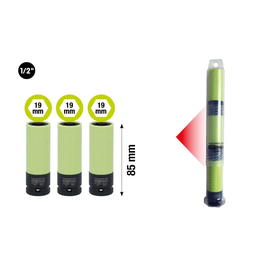 KS Tools 1/2 Zoll Alu-Felgen Kraft-Stecknuss,lang,19mm 3x 515.1075 in Kunststoffrohr