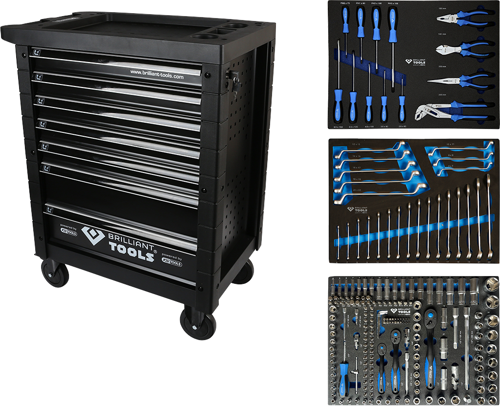 Brilliant Tools Werkstattwagen mit 7 Schubladen und 207 Premium-Werkzeugen - BT153207