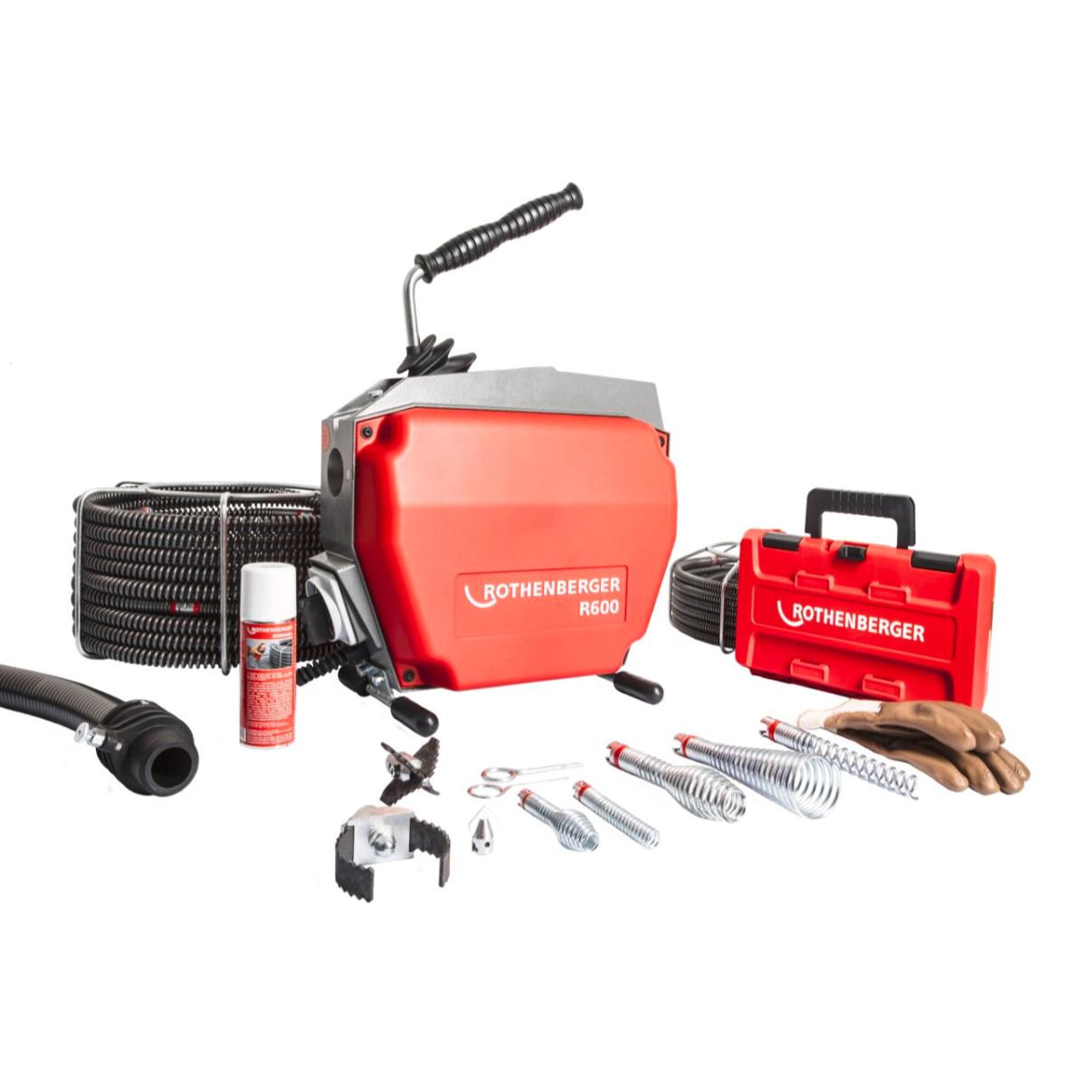 ROTHENBERGER E - Rohrreinigungsmaschine R600 mit Spiralen & Aufsatzwerkzeugen-set SMK, 16 - 22 mm