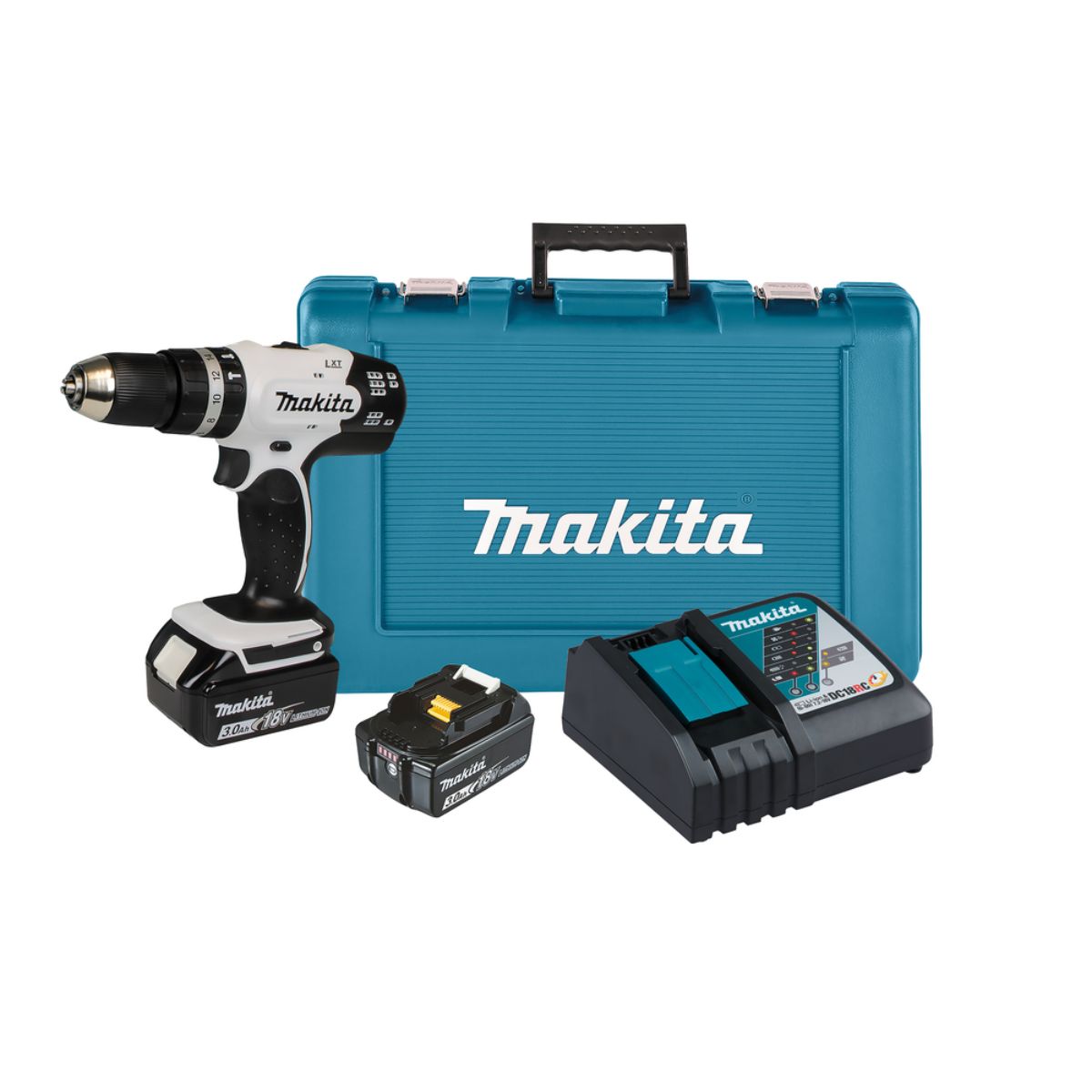 Makita Akku-Schlagbohrschrauber 18V in weiß / 3,0 Ah, 2 Akkus + Ladegerät im Transportkoffer