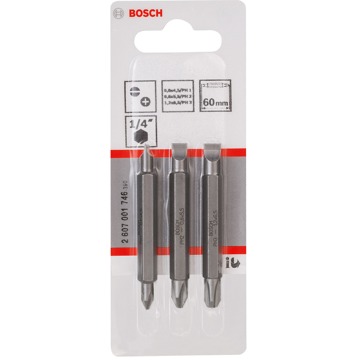 Bosch Doppelklingenbit-Set, 3-teilig, S 0,6x4,5, S 0,8x5,5, S 1,2x6,5, PH1, PH2, PH3, 60 mm