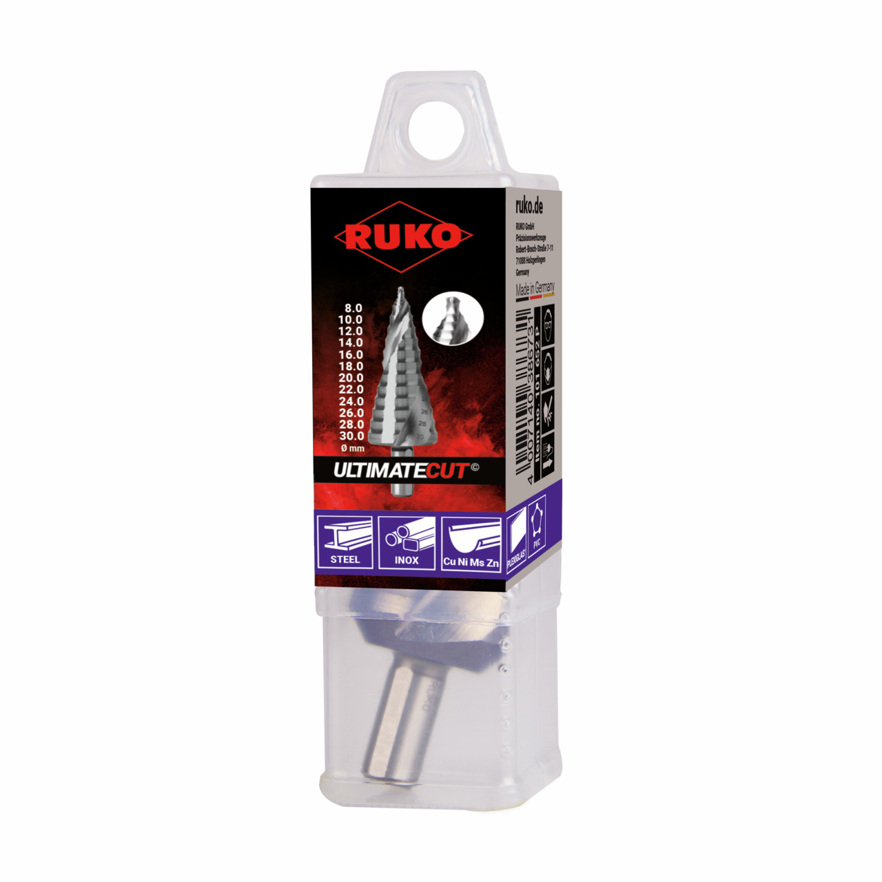 RUKO ULTIMATECUT Stufenbohrer mit FLOWSTEP® Spitze, HSS-Co 5, 3-Flächenschaft