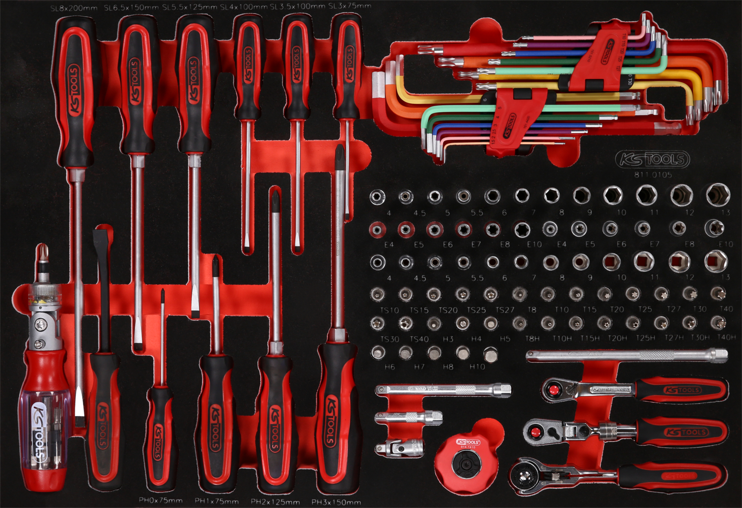 KS Tools 1-4'' Steckschlüssel- - und Schraubendreher-Satz in Schaumstoffeinlage, 105-tlg