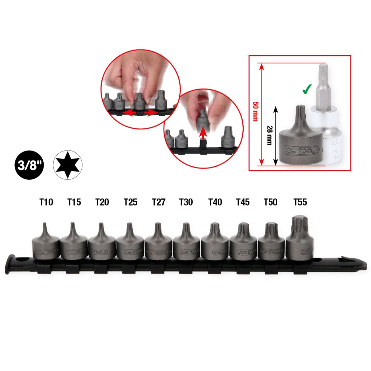 KS Tools 3/8 Zoll Bit-Stecknuss-Satz Torx, kurz, 10-tlg T10-T55