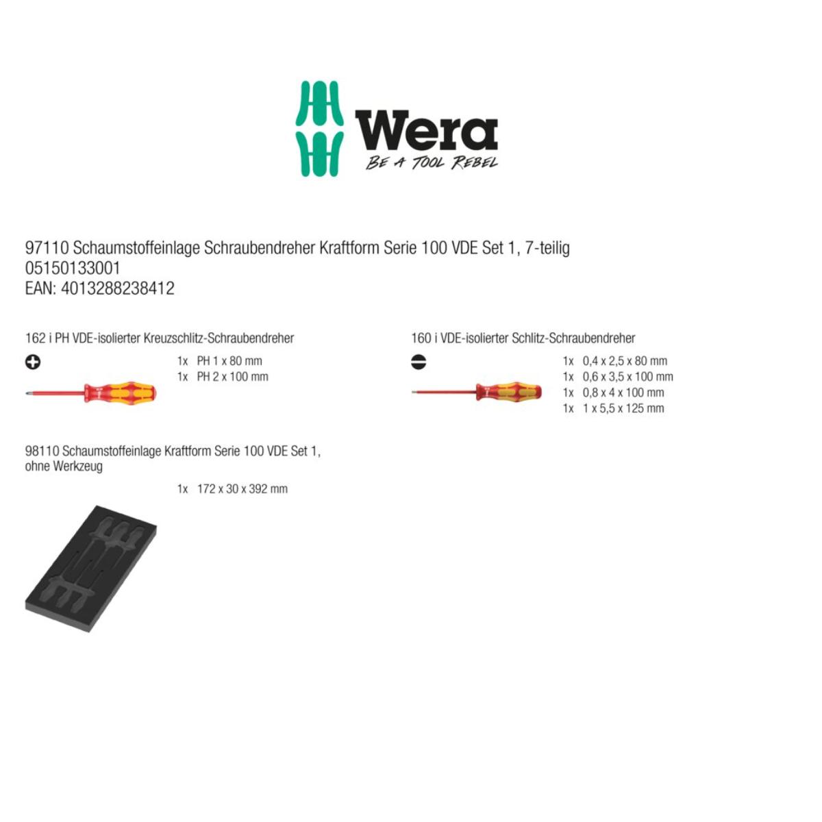 Wera 97110 Schaumstoffeinlage Schraubendreher Kraftform Serie 100 VDE Set 1