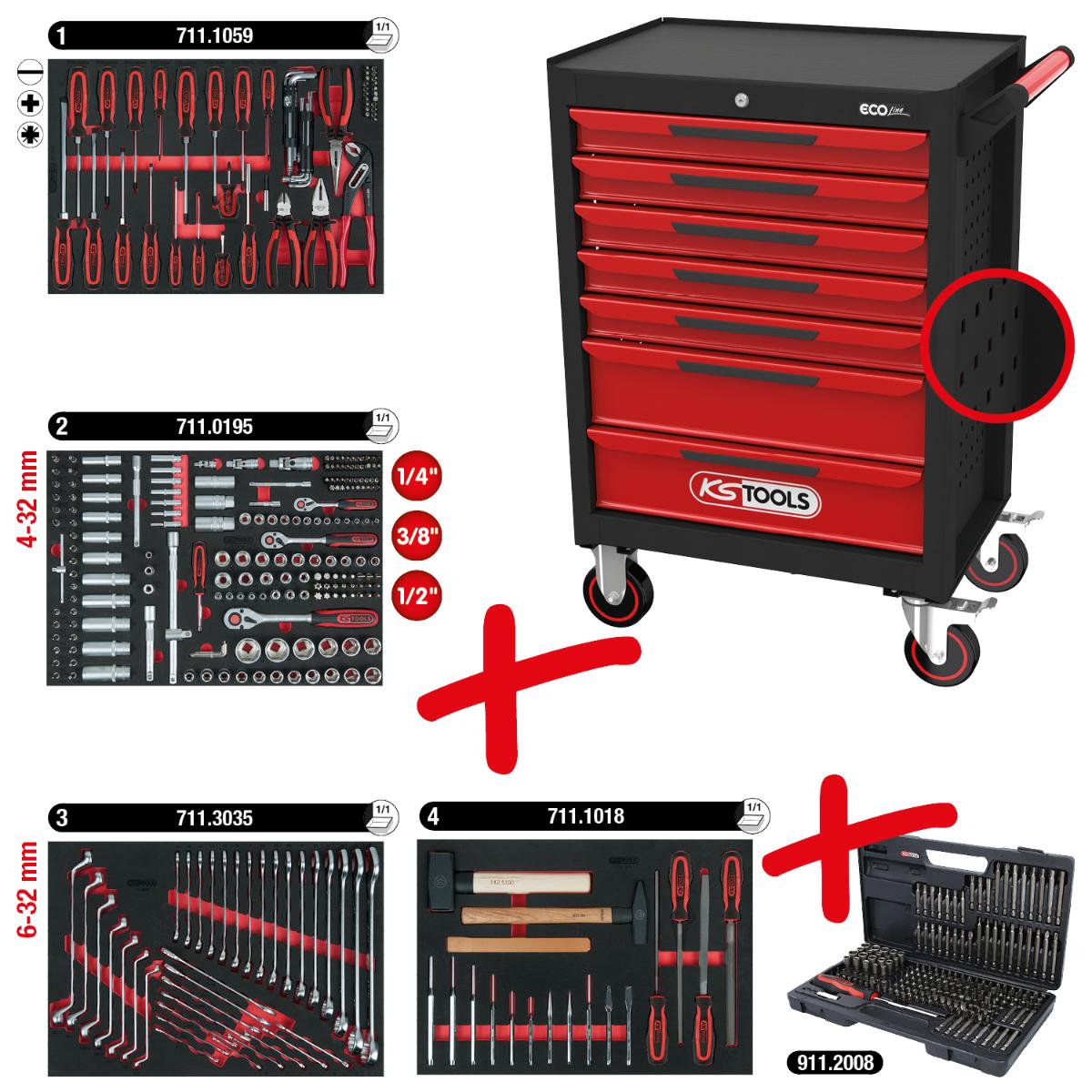 KS Tools ECOline SCHWARZ/ROT Werkstattwagen mit 7 Schubladen und 515 Premium-Werkzeugen