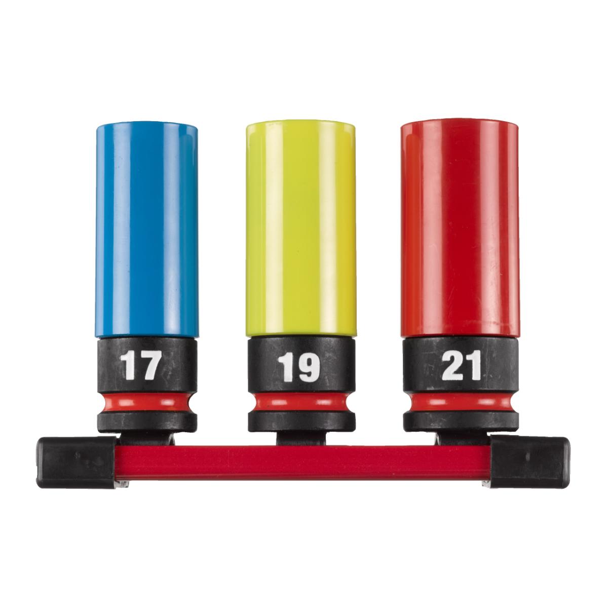 Milwaukee SHOCKWAVE 1/2 Zoll Schlagnuss Automotive 3-teiliges Set (17, 19, 21 mm) auf Schiene