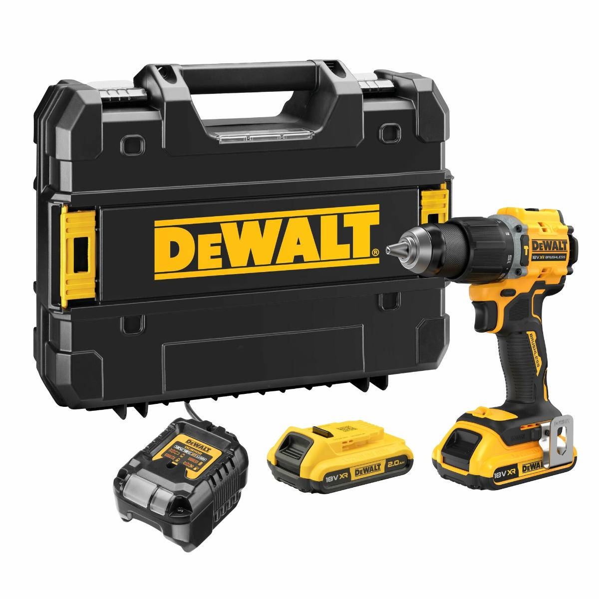 DEWALT 18V Akku-Schlagbohrschrauber bürstenlos mit 2 x Akkus (18 Volt / 2 Ah) und System-Schnellladegerät