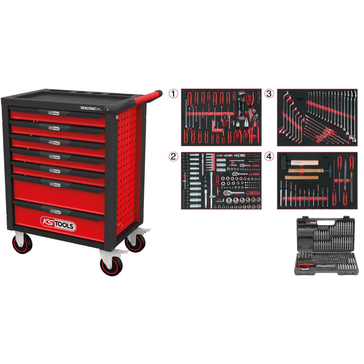 KS Tools RACINGline SCHWARZ-ROT Werkstattwagen mit 7 Schubladen und 515 Premium-Werkzeugen