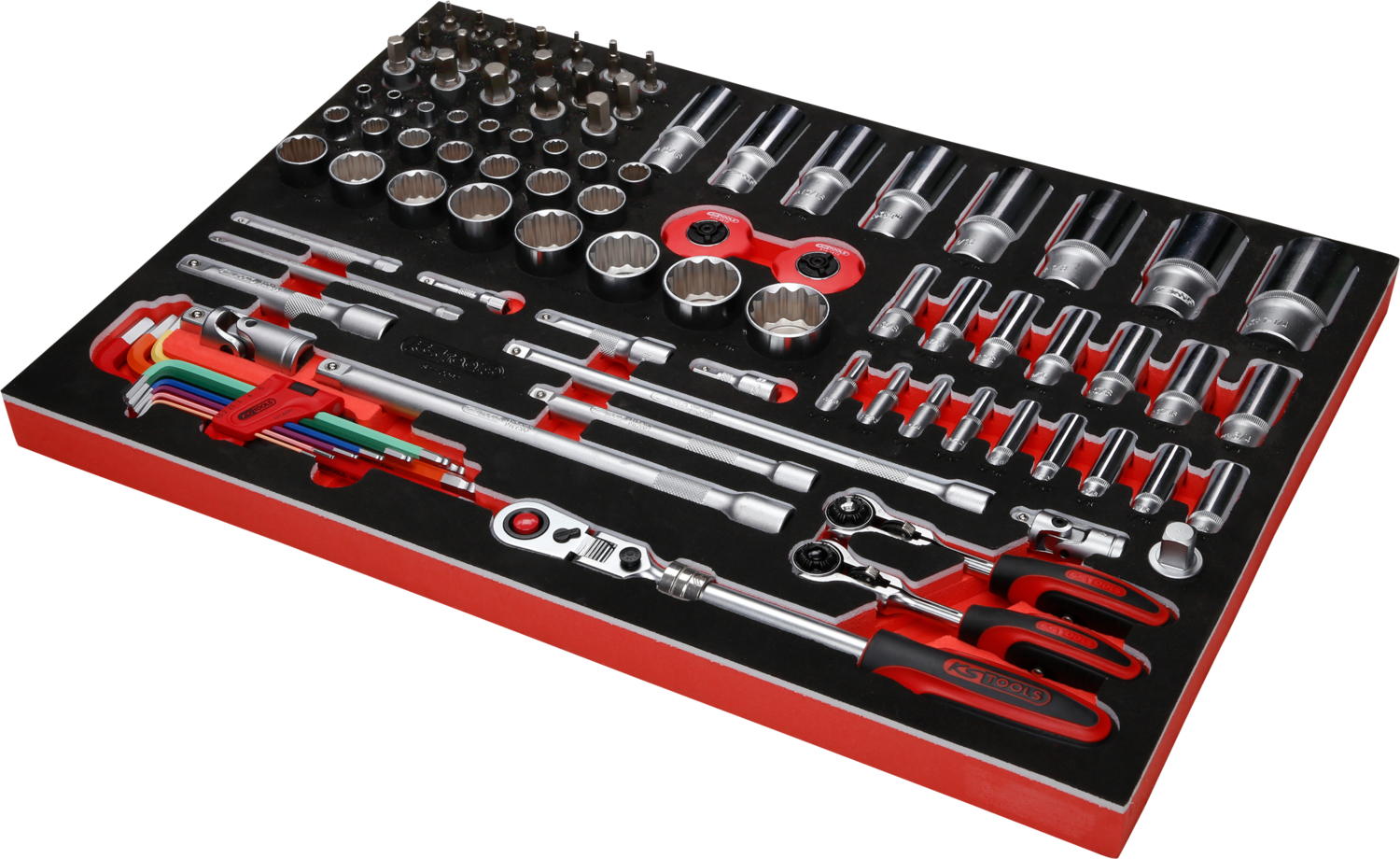 KS Tools 1-4'' + 3-8'' + 1-2'' Steckschlüssel-Satz in Schaumstoffeinlage, 92-tlg, Zoll