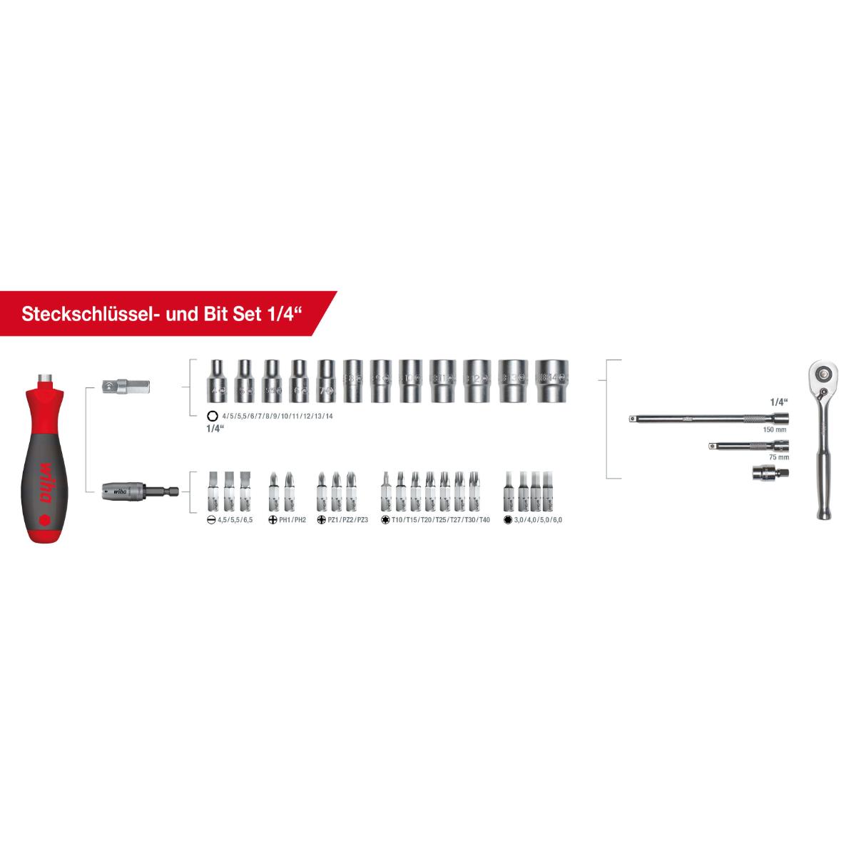 Wiha Steckschlüssel- und Bit Set 1/4 zoll 41-teiliges Set mit Funktionstasche mit Gürtelclip