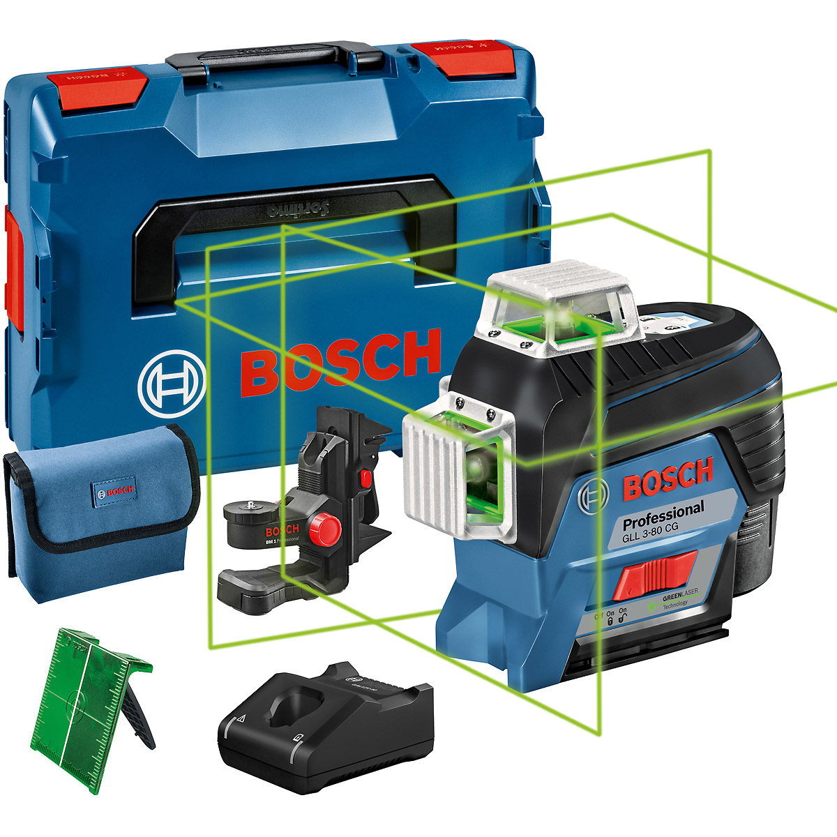 Bosch Linienlaser GLL 3-80 CG, mit 1 x 2.0 Ah Li-Ion Akku, Halterung BM 1, L-BOXX
