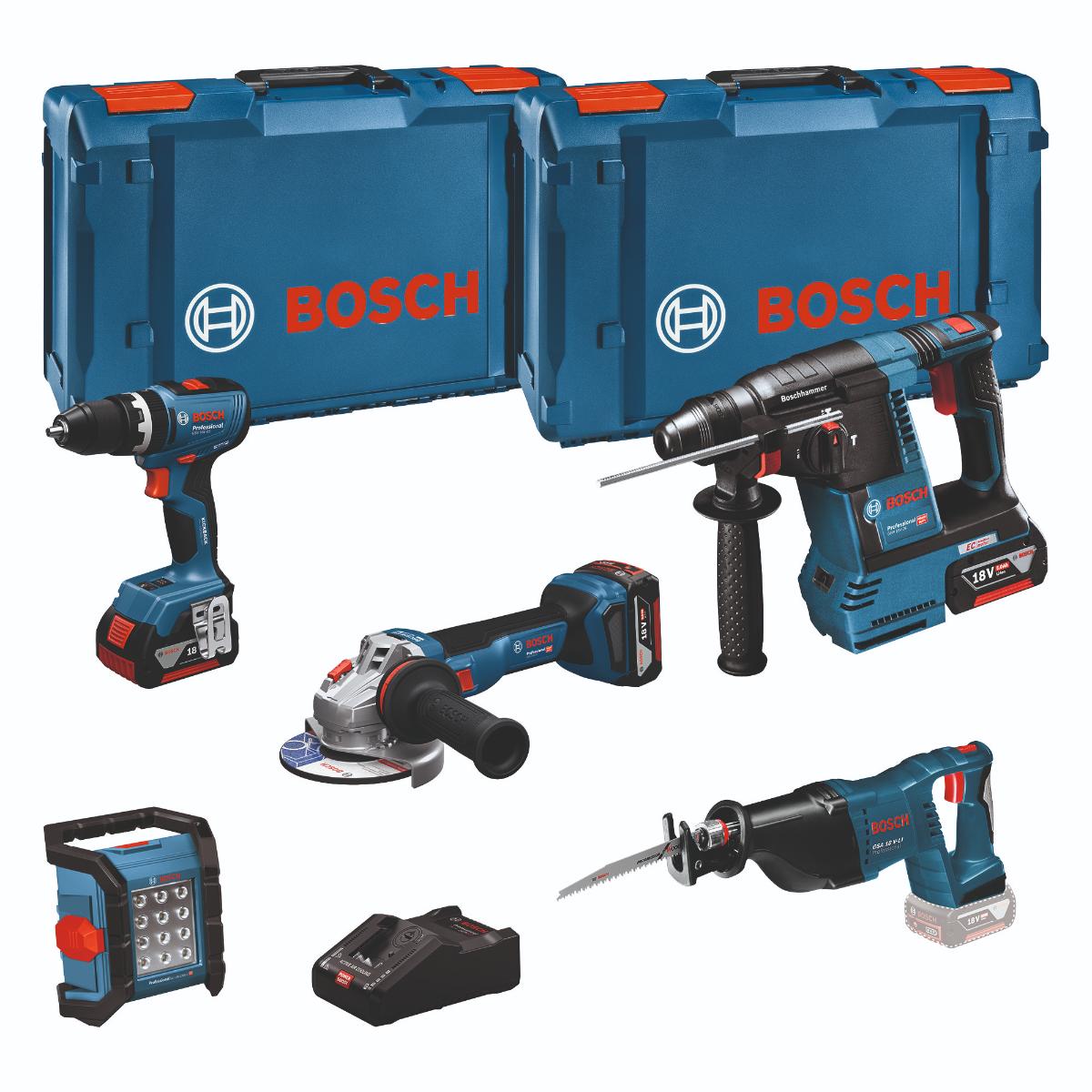 Bosch Combo Kit 18V-Set mit 5 Werkzeugen: GSB + GBH + GWS + GSA + GLI + 3 x Akku