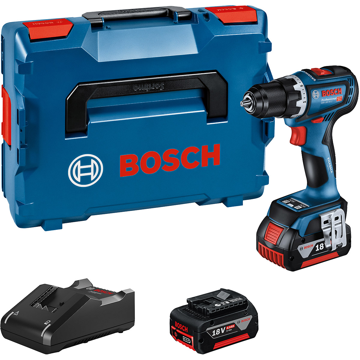 Bosch Akku-Bohrschrauber GSR 18V-90 C, 2 x Akku GBA 18V 5.0Ah, Ladg. u. L-BOXX