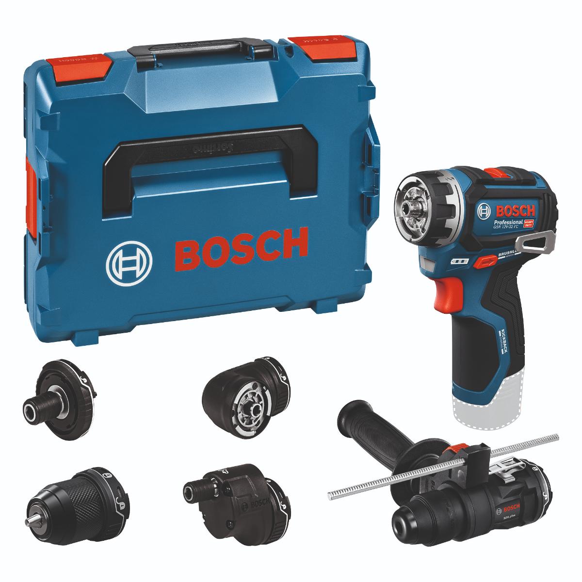 Bosch Schrauber GSR 12V-32 FC, diverse Aufsätze, Zusatzhandgriff, Tiefenanschlag, L-BOXX