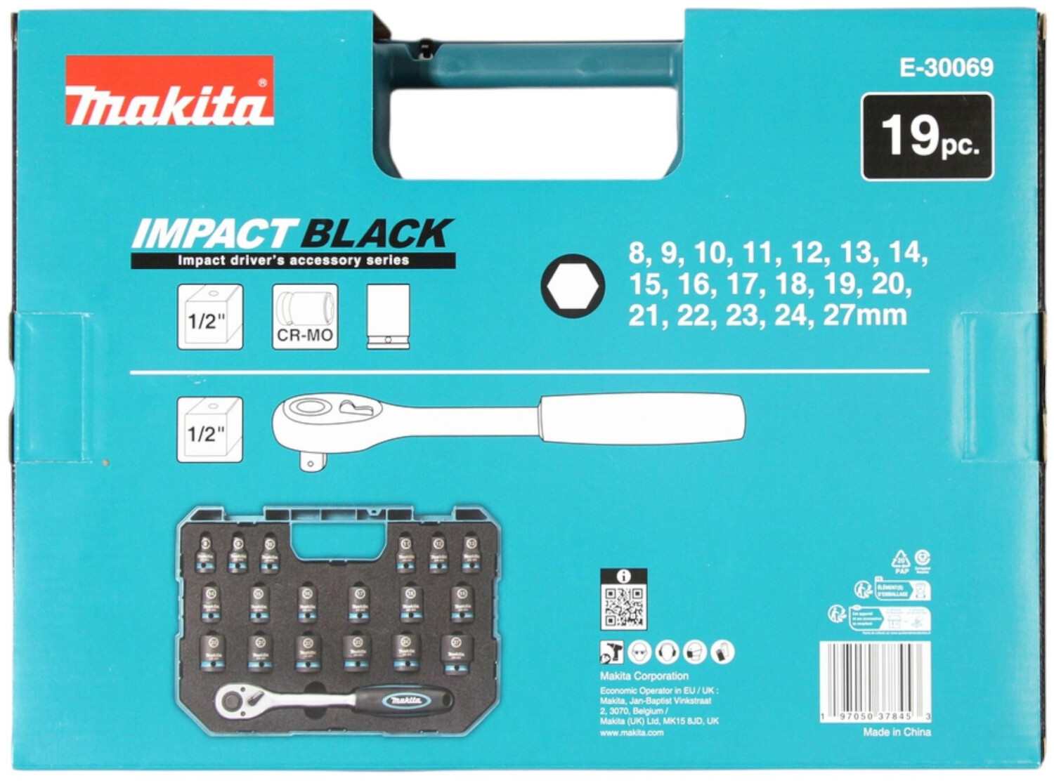 Makita Impact Black Schlagnuss-Set 1/2 Zoll mit Ratsche 19-teilig - E-30069
