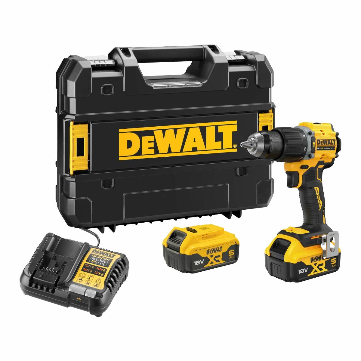 DEWALT 18V Akku-Schlagbohrschrauber bürstenlos mit 2 x Akkus (18 Volt / 5 Ah) und System-Schnellladegerät
