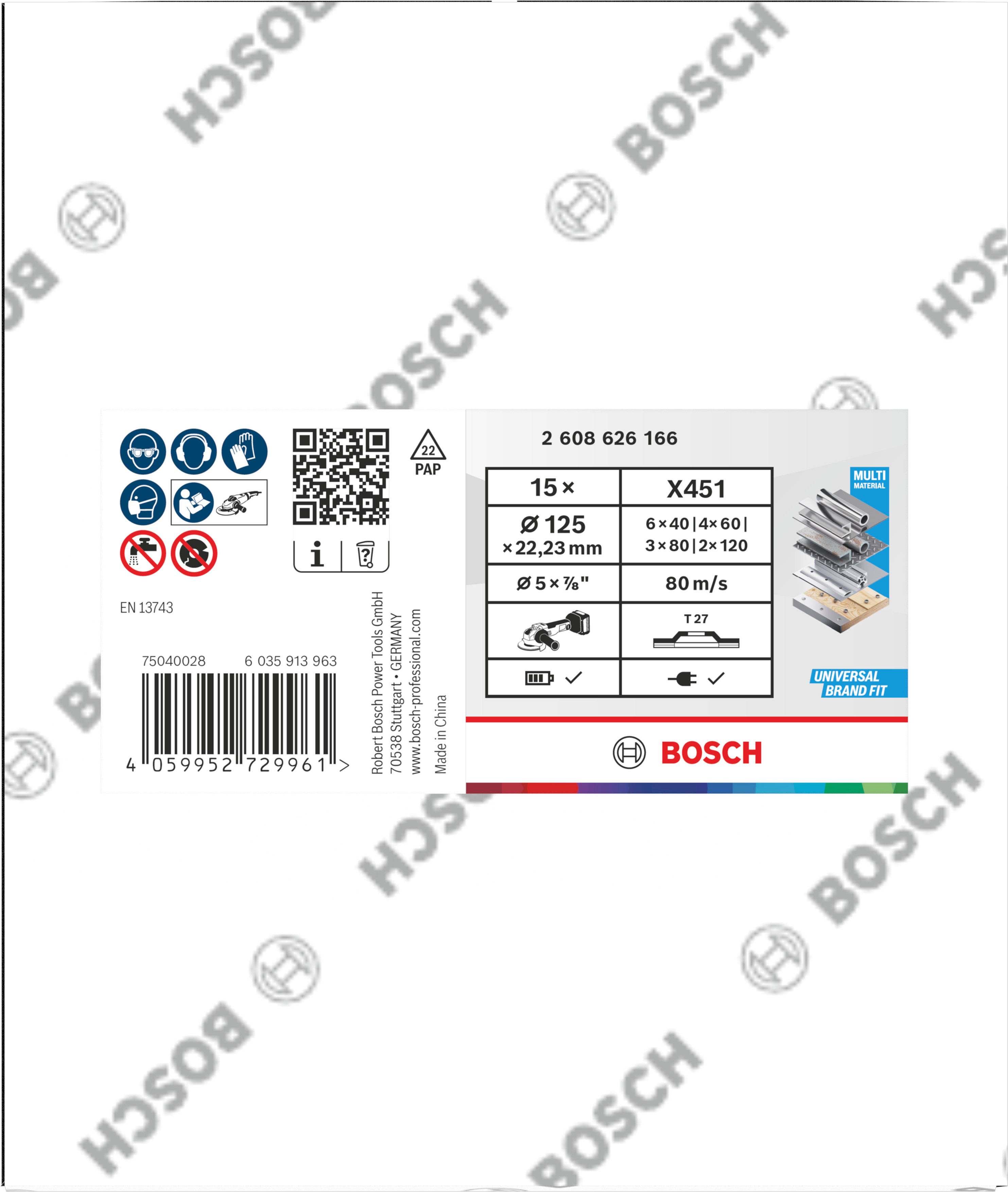Bosch X451 Fächerschleifscheiben 125mm, T27, 15-teiliges Set