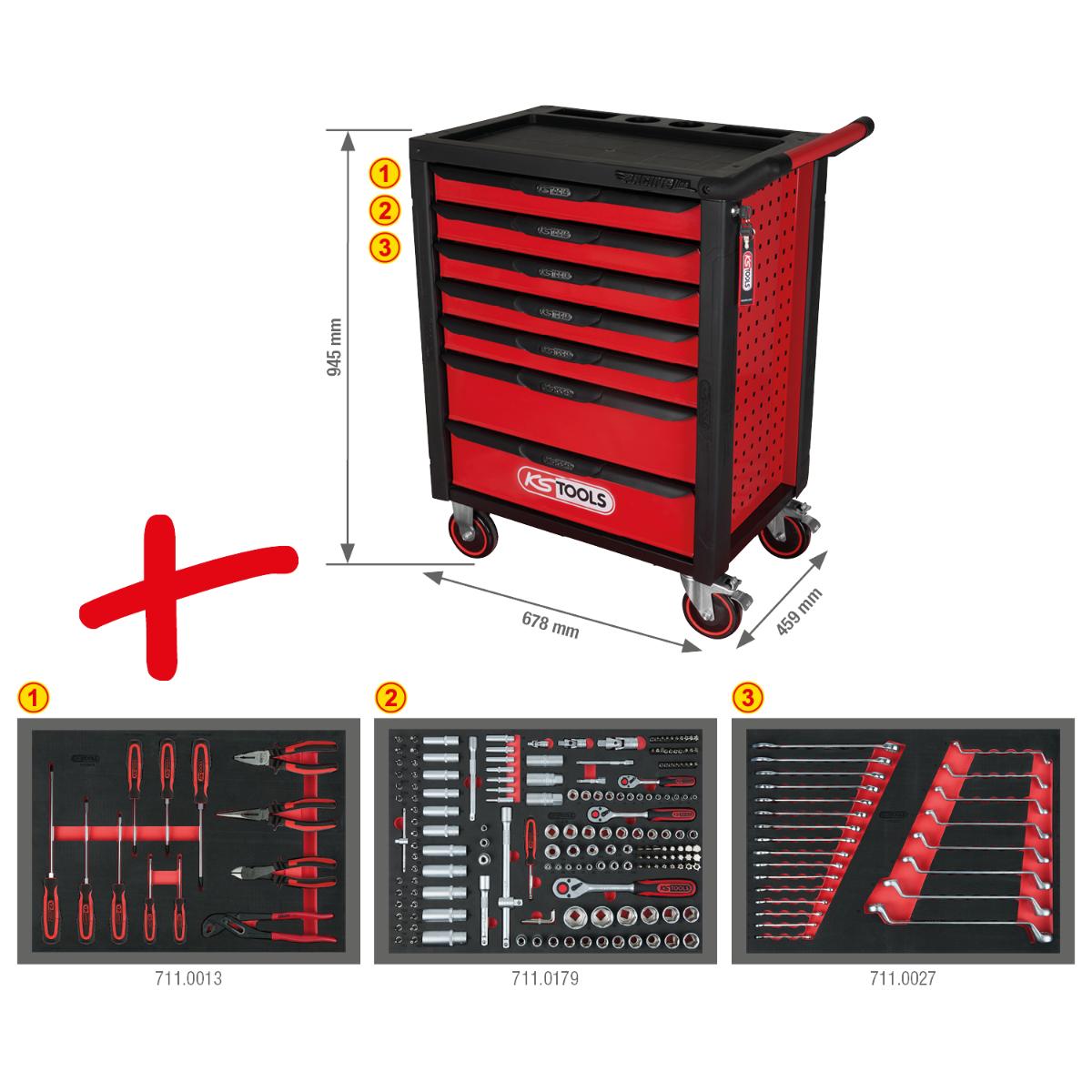 KS Tools RACINGline SCHWARZ-ROT Werkstattwagen mit 7 Schubladen und 215 Premium-Werkzeugen