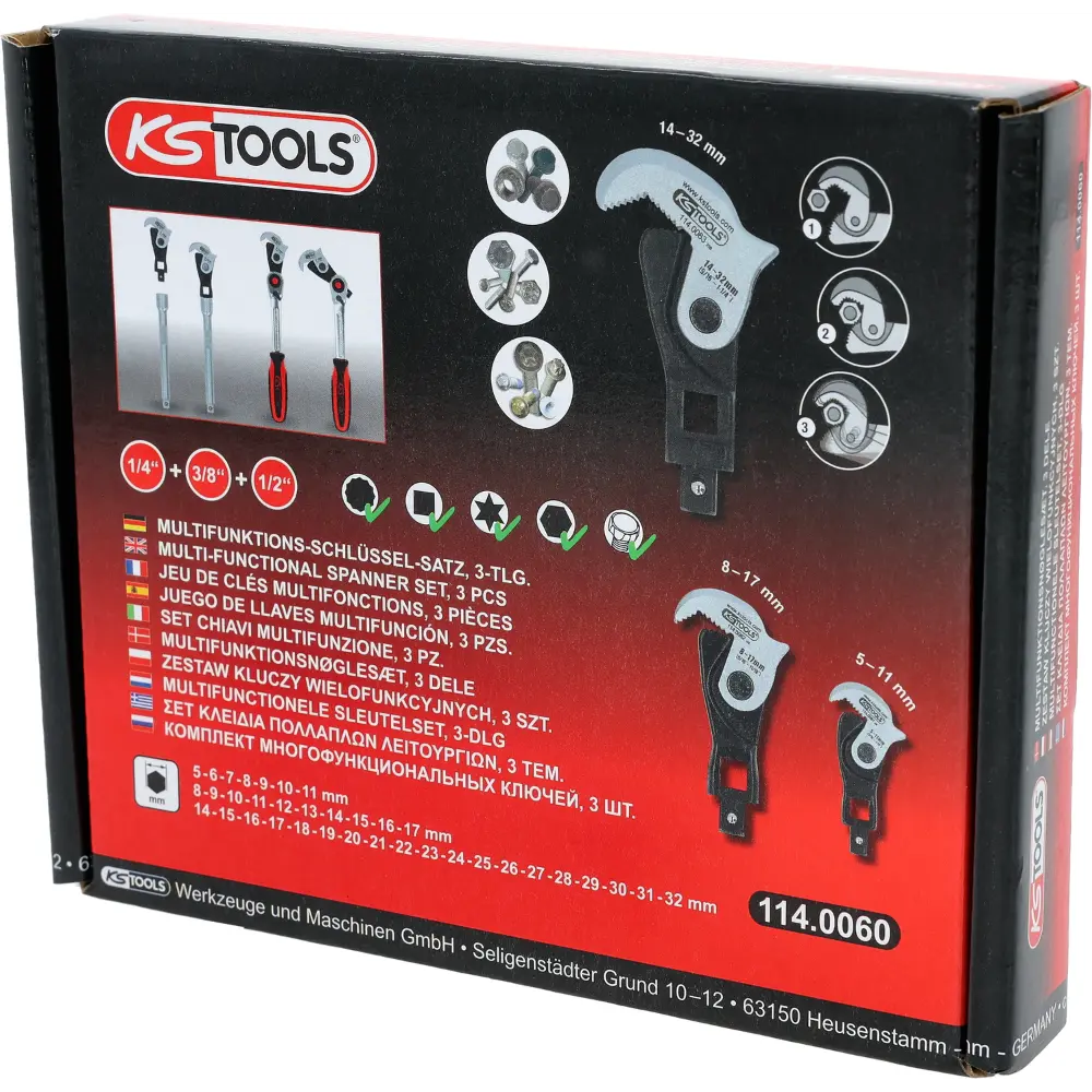KS TOOLS 1/4" + 3/8" + 1/2" Multifunktions-Schlüssel-Satz, 3-tlg