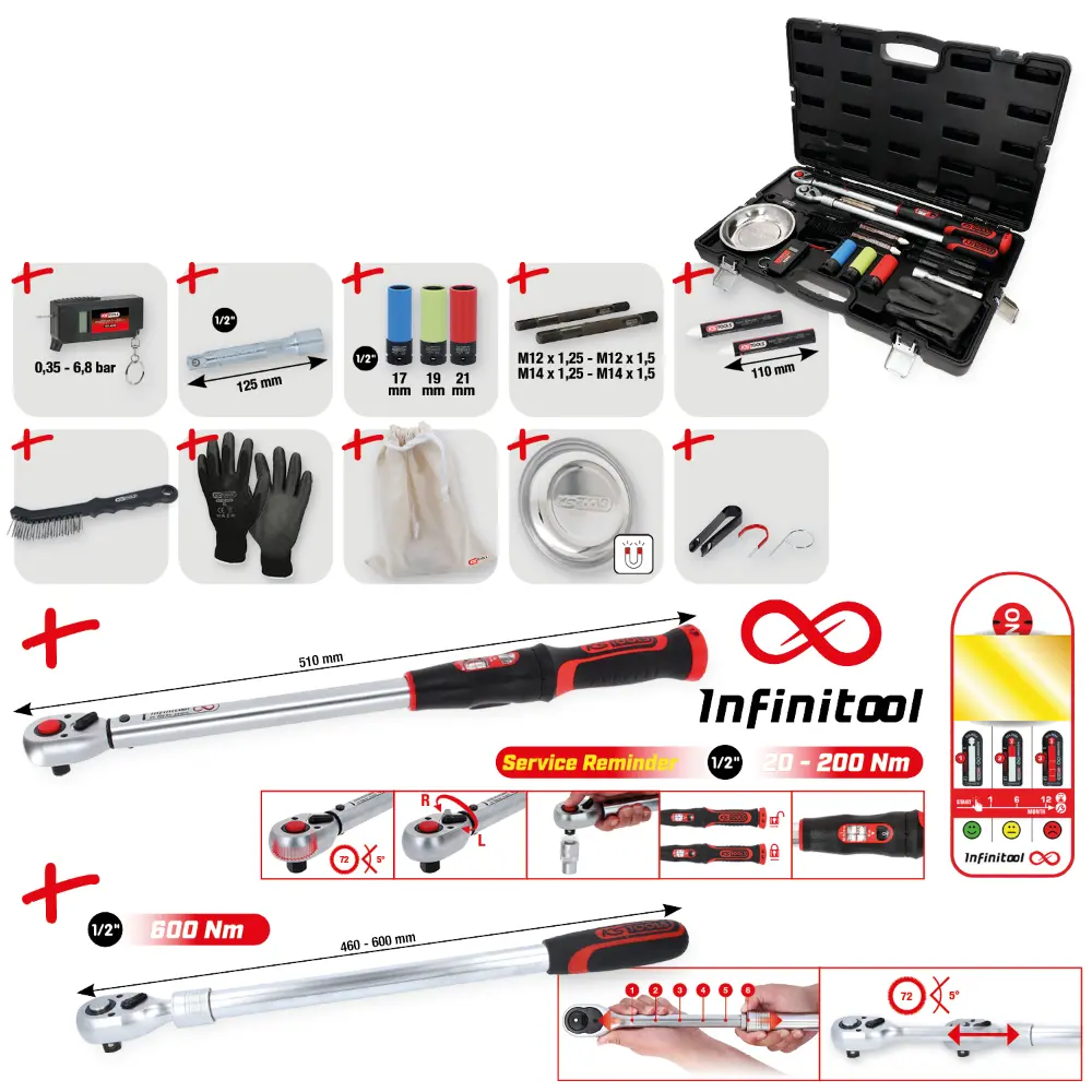 KS TOOLS MASTER Radwechsel-Service-Satz mit 1/2" INFINITOOL Ratschen-Drehmomentschlüssel, 20 – 200 Nm, 18-tlg