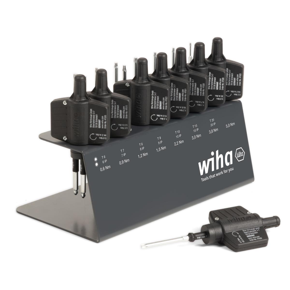 Wiha Drehmoment-Schraubendreher mit Schlüsselgriff Set easyTorque Key Torx , TorxPlus 23-teiliges Set fest voreingestellte Drehmomentbegrenzung im Werkbankständer