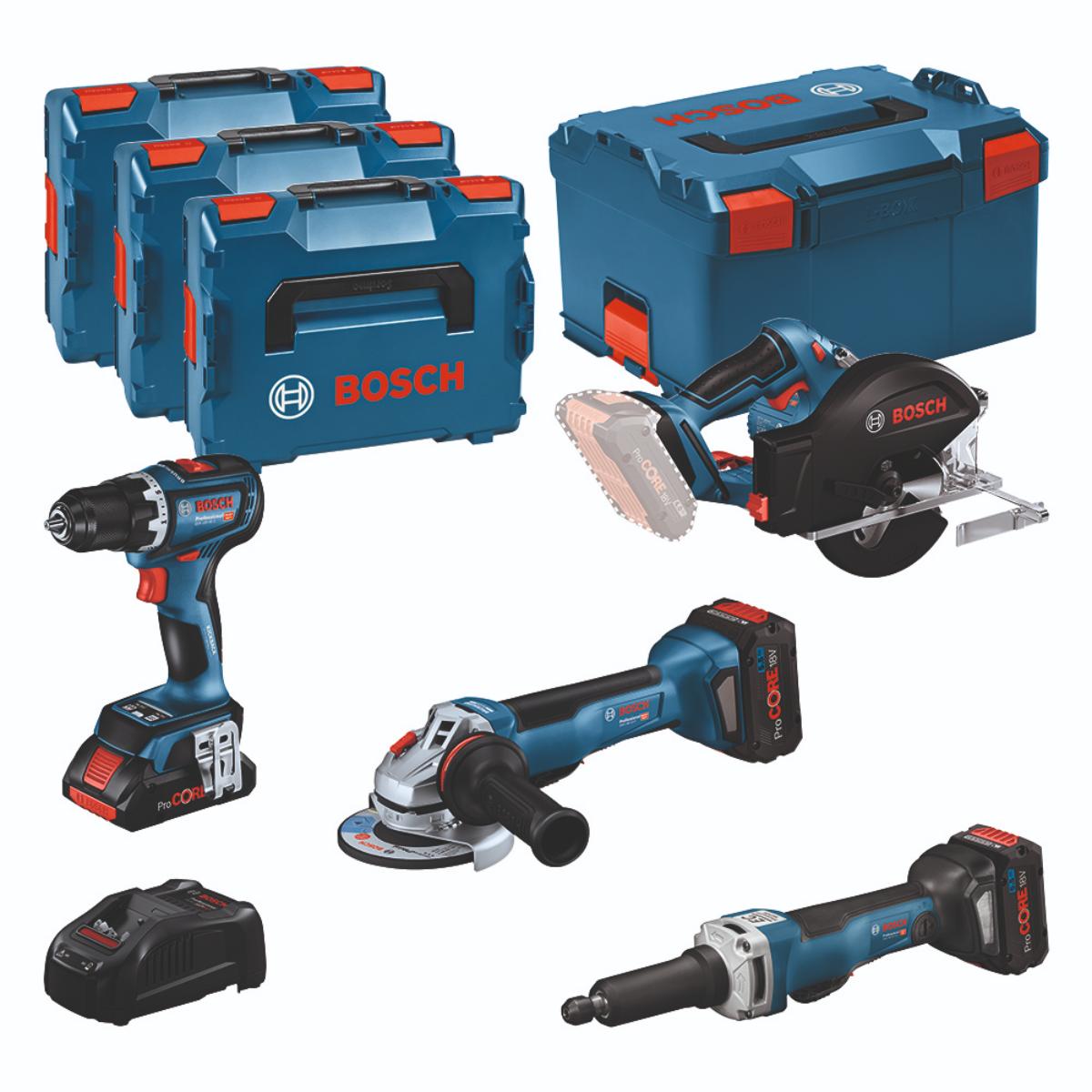 Bosch Combo Kit Set mit 4 18V-Werkzeugen: GSR, GWS, GKM, GGS, 3 x Akku