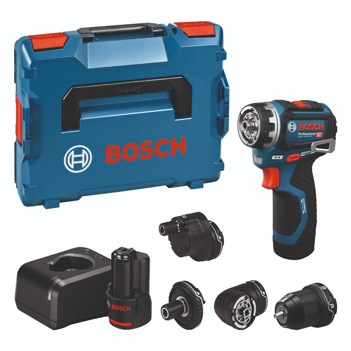 Bosch Schrauber GSR 12V-32 FC, 2x GBA 12V 2.0Ah, diverse Aufsätze, L-BOXX